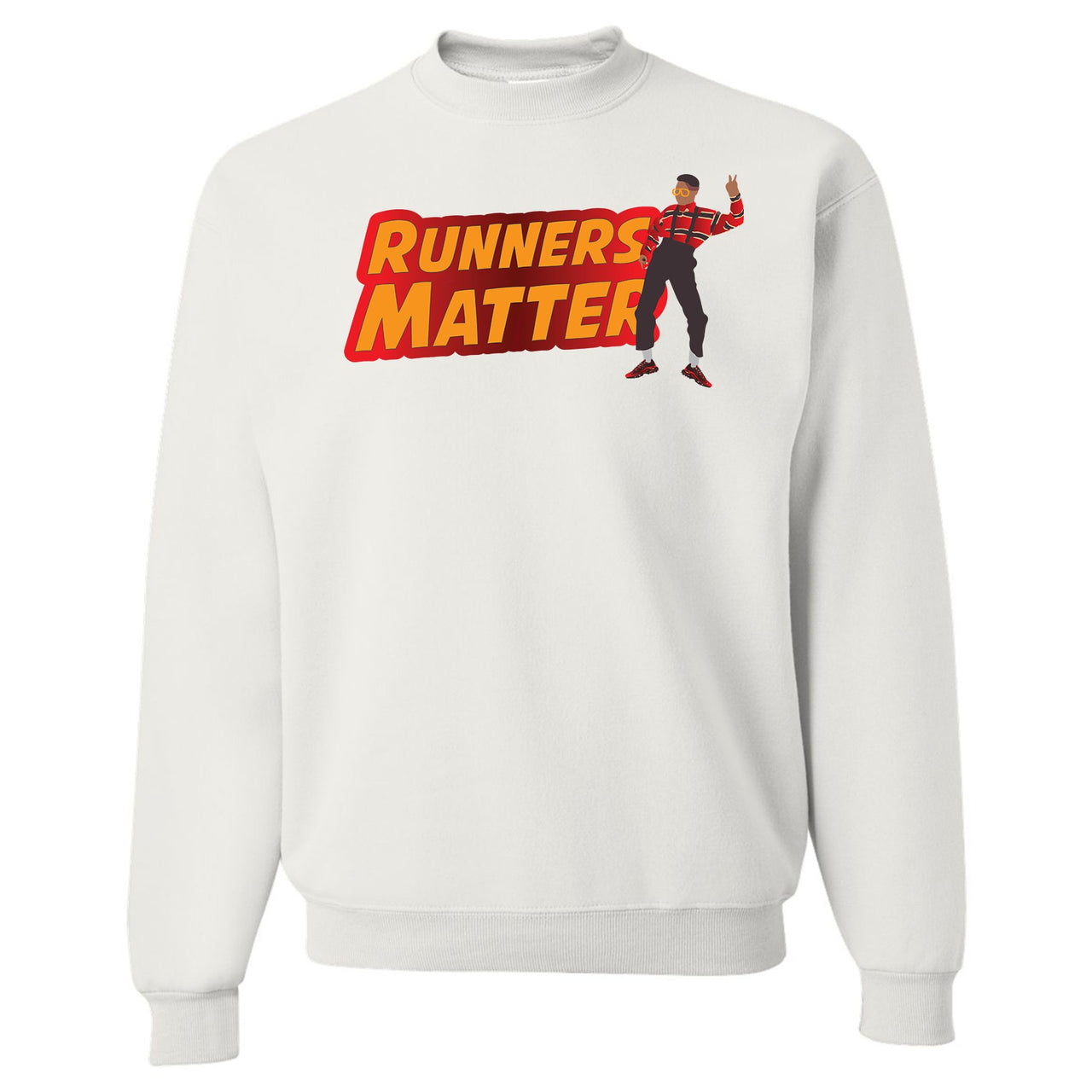 printed on the front of the air max plus sunburst sneaker matching white crewneck sweatshirt is the runners matter logo