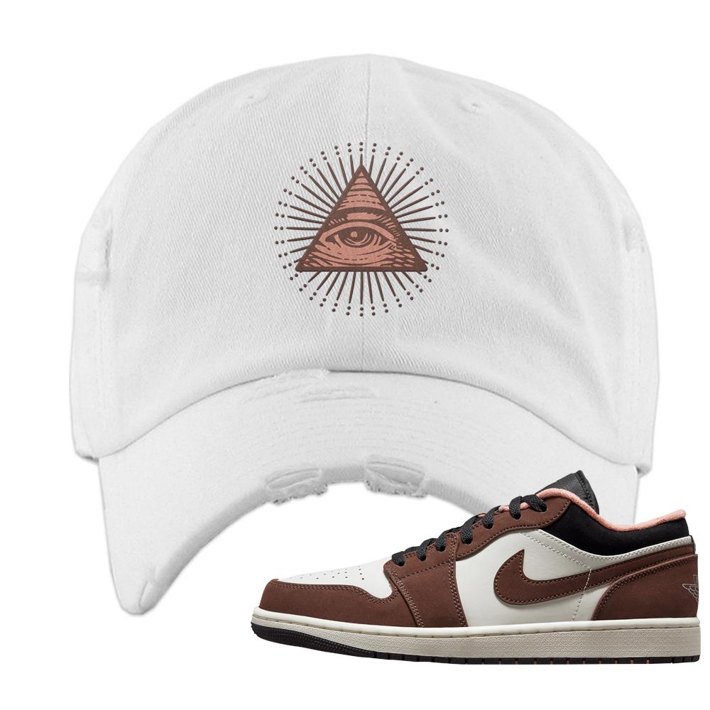Mocha Low 1s Distressed Dad Hat | All Seeing Eye, White