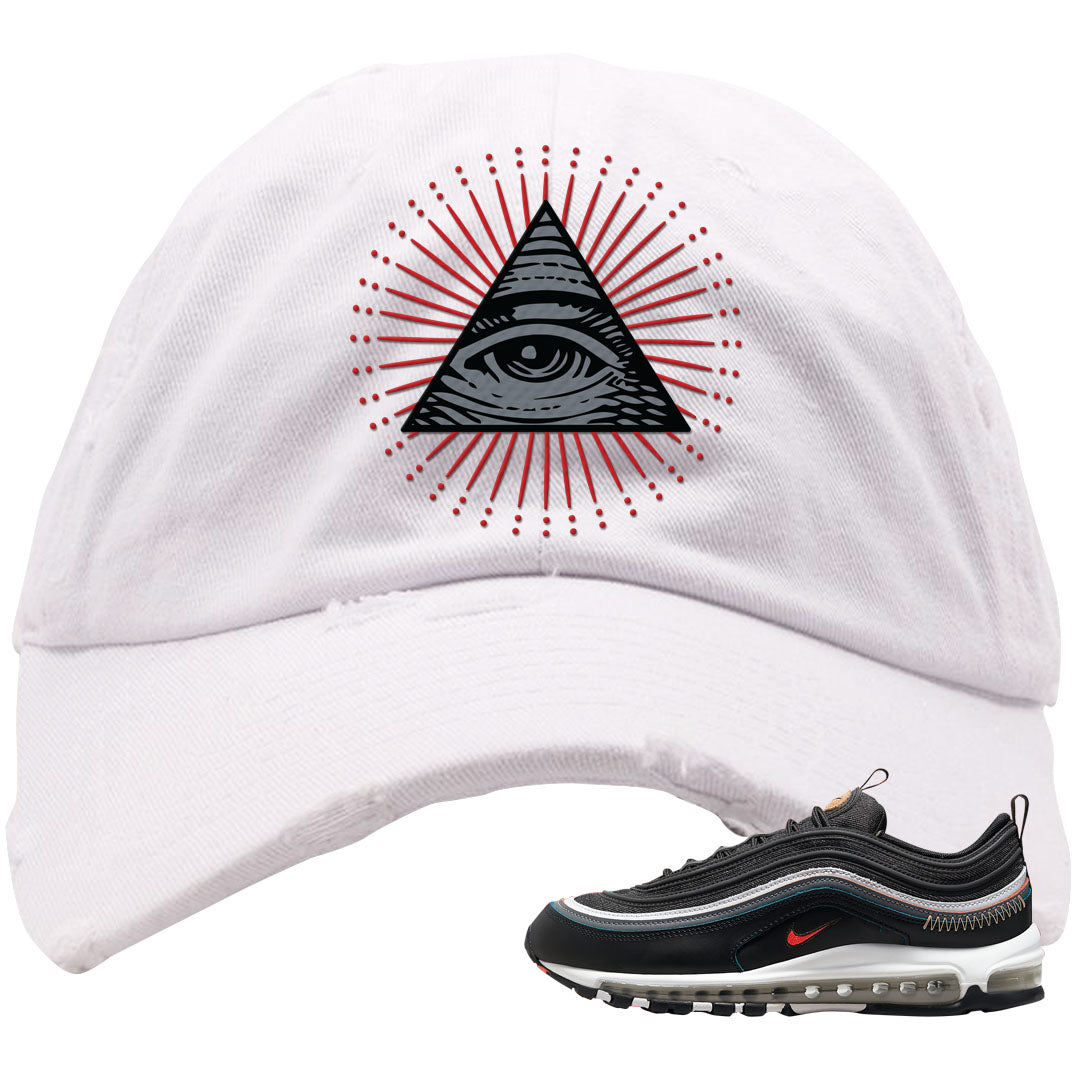 Alter and Reveal 97s Distressed Dad Hat | All Seeing Eye, White