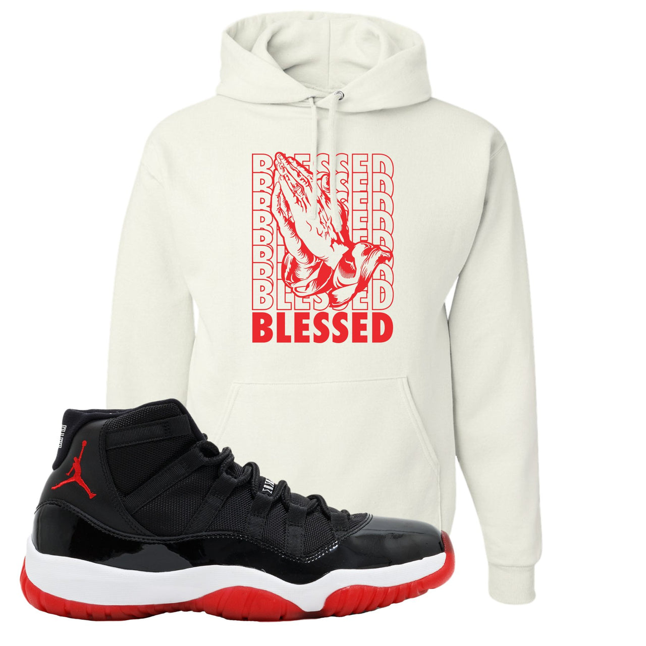 Jordan 11 Bred Blessed Black Sneaker Hook Up Pullover Hoodie