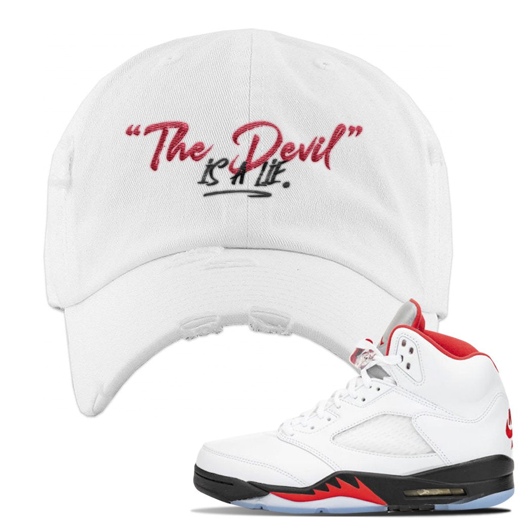 Jordan 5 OG Fire Sneaker White Distressed Dad Hat | Hat to match Nike Air Jordan 5 OG Fire Shoes | Devil Is A Lie