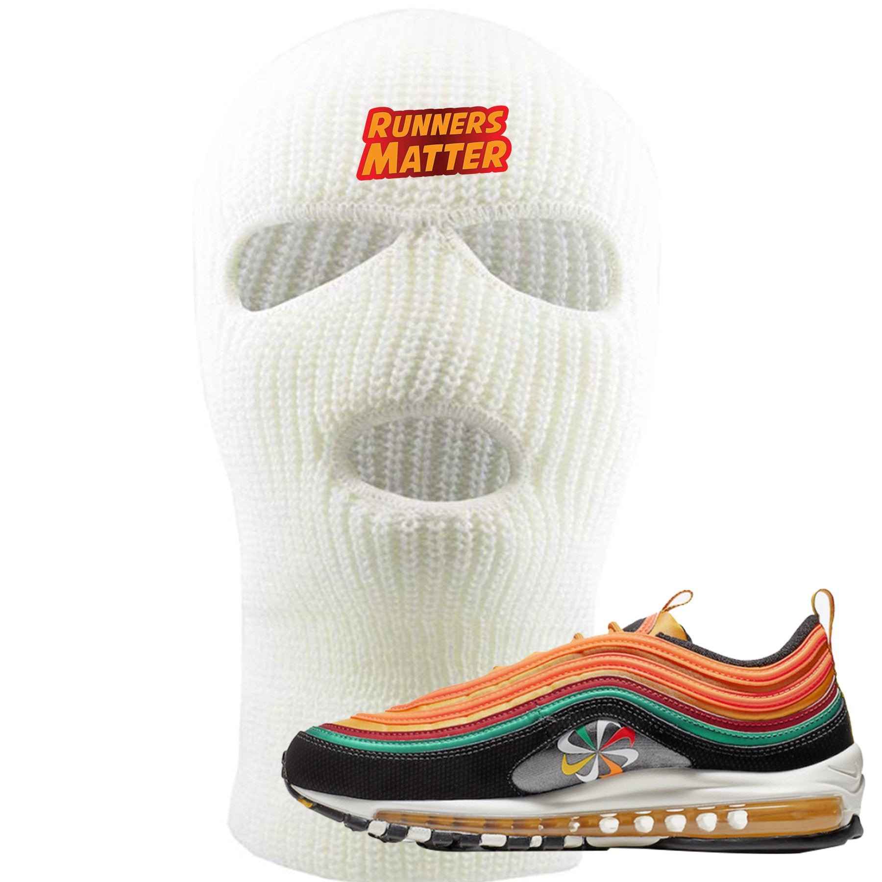 Embroidered on the forehead of the Air Max 97 Sunburst Sneaker Matching ski mask is the Runners Matter logo