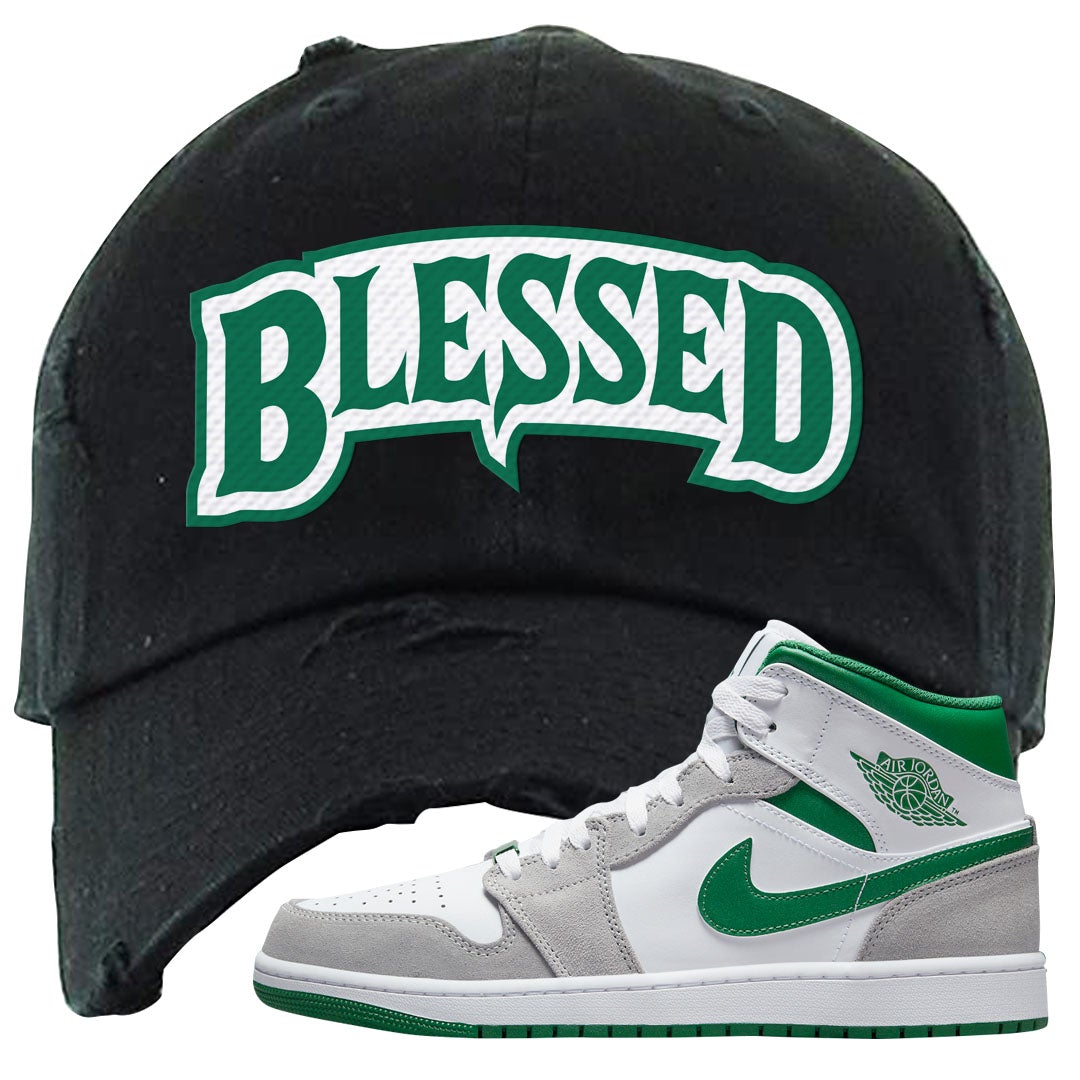 Light Smoke Pine Green Mid 1s Distressed Dad Hat | Blessed Arch, Black