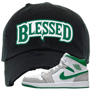 Light Smoke Pine Green Mid 1s Distressed Dad Hat | Blessed Arch, Black