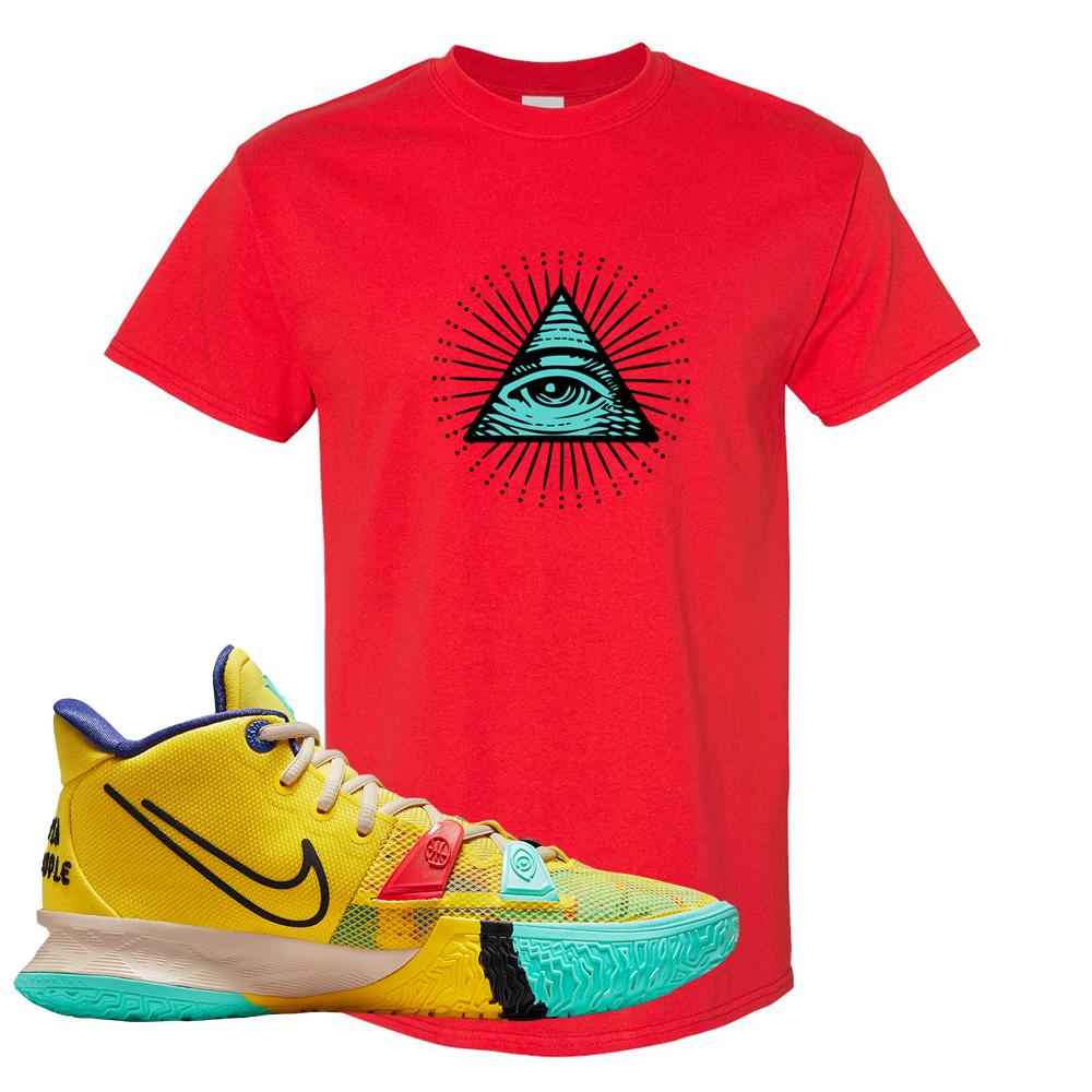 1 World 1 People Yellow 7s T Shirt | All Seeing Eye, Red
