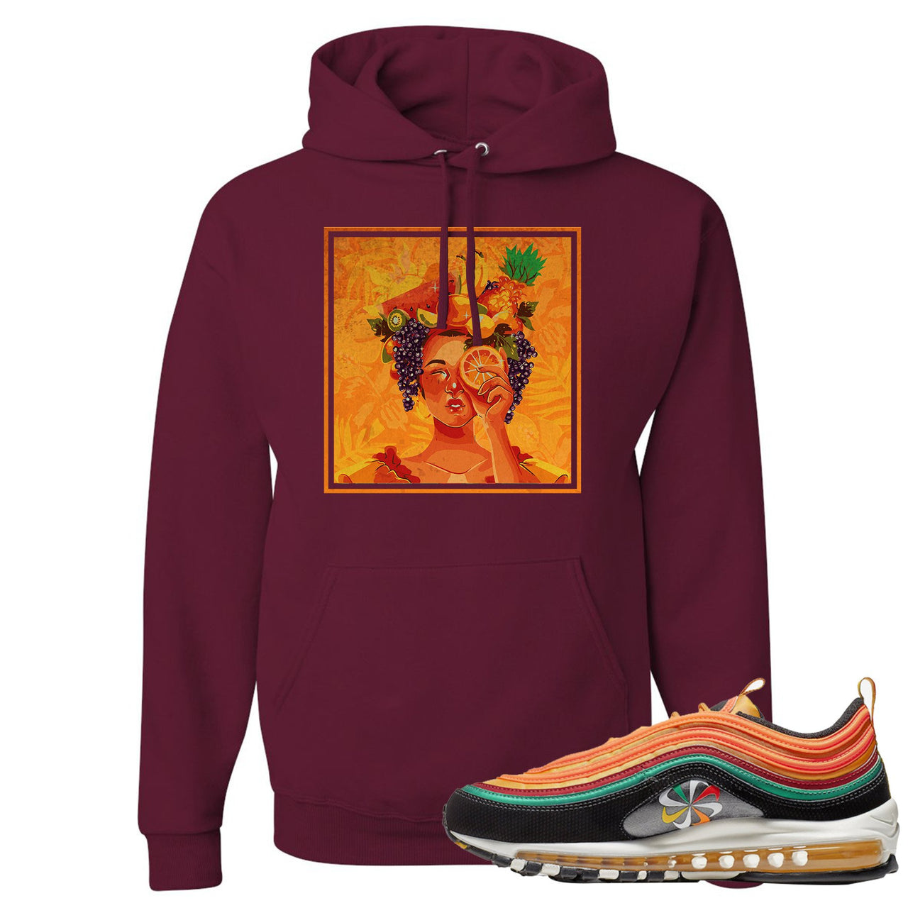 Printed on the front of the Air Max 97 Sunburst maroon sneaker matching pullover hoodie is the Lady fruit logo