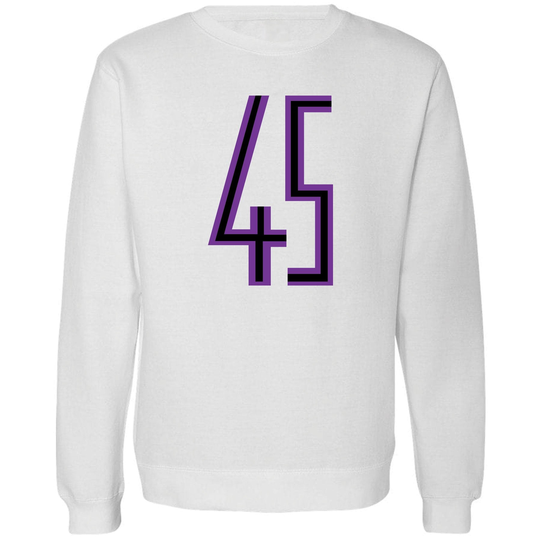 Printed on the front of the Jordan 11 Concord 45 white sneaker matching white crewneck sweatshirt has the 45 logo printed in purpled and black