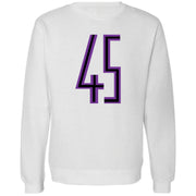 Printed on the front of the Jordan 11 Concord 45 white sneaker matching white crewneck sweatshirt has the 45 logo printed in purpled and black