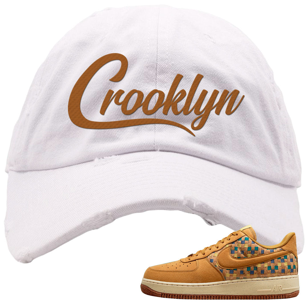 Woven Cork Low AF 1s Distressed Dad Hat | Crooklyn, White