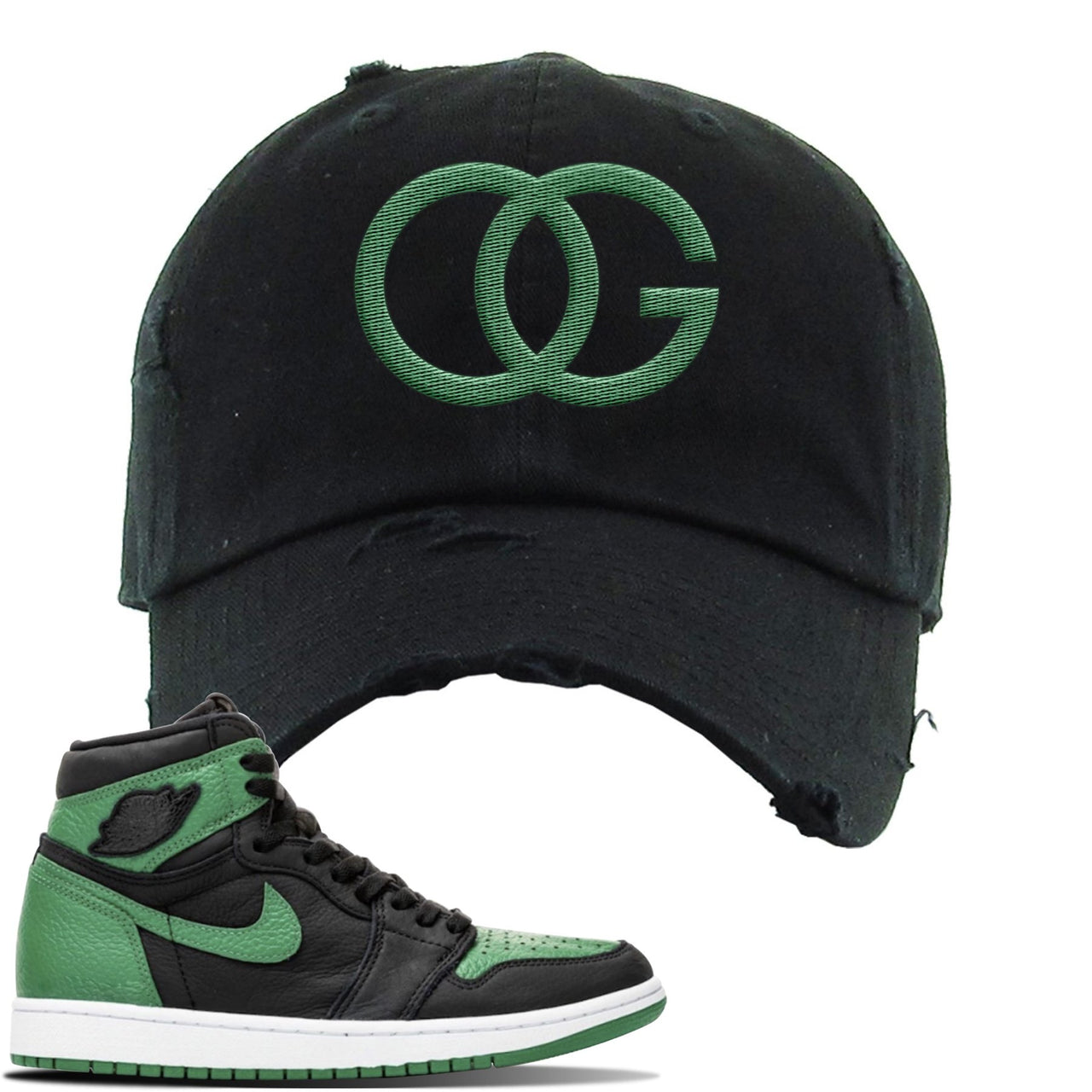 Jordan 1 Retro High OG Pine Green Gym Sneaker Black Distressed Dad Hat | Hat to match Air Jordan 1 Retro High OG Pine Green Gym Shoes | OG