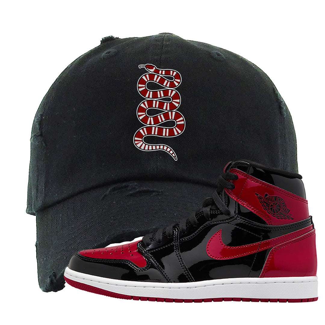Patent Bred 1s Distressed Dad Hat | Coiled Snake, Black