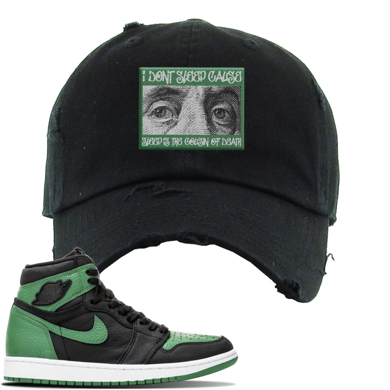 Jordan 1 Retro High OG Pine Green Gym Sneaker Black Distressed Dad Hat | Hat to match Air Jordan 1 Retro High OG Pine Green Gym Shoes | Franklin Eyes