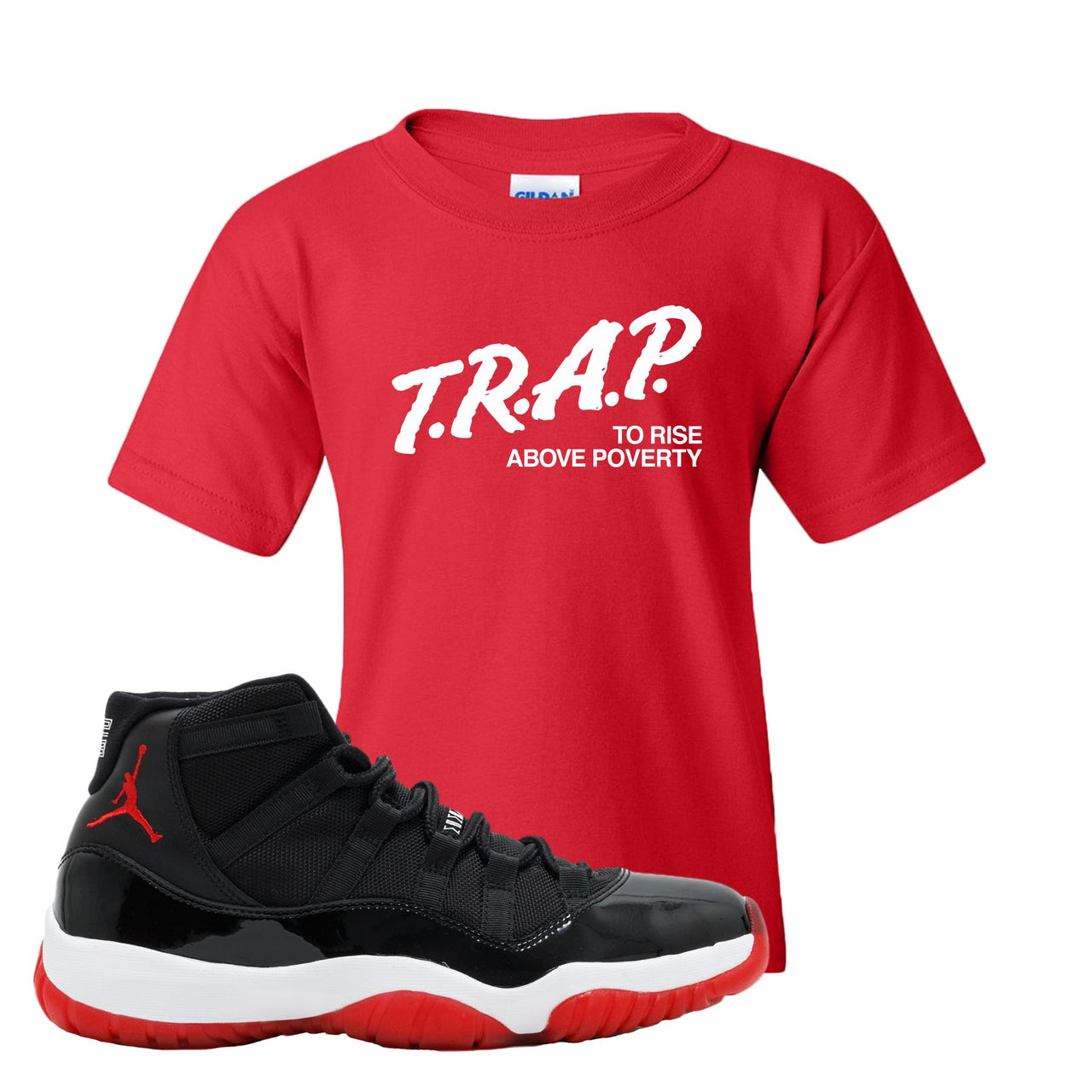 Jordan 11 Bred Trap To Rise Above Poverty Red Sneaker Hook Up Kid's T-Shirt