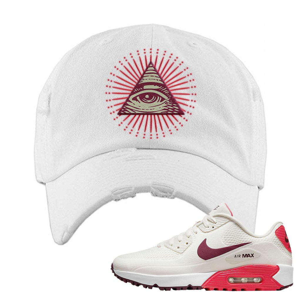 Fusion Red Dark Beetroot Golf 90s Distressed Dad Hat | All Seeing Eye, White