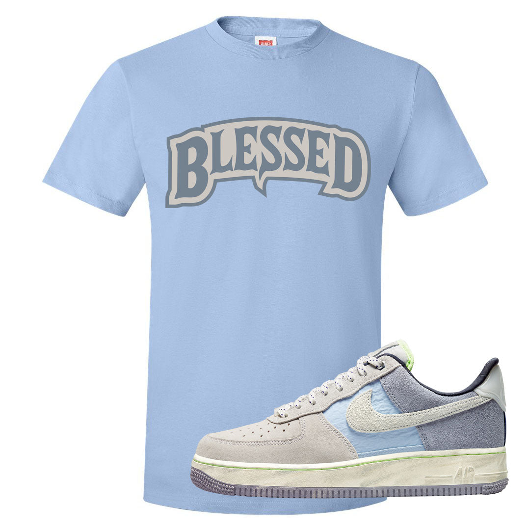 Womens Mountain White Blue AF 1s T Shirt | Blessed Arch, Light Blue