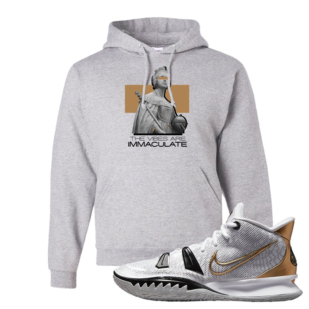 White Black Metallic Gold Kyrie 7s Hoodie | The Vibes Are Immaculate, Ash