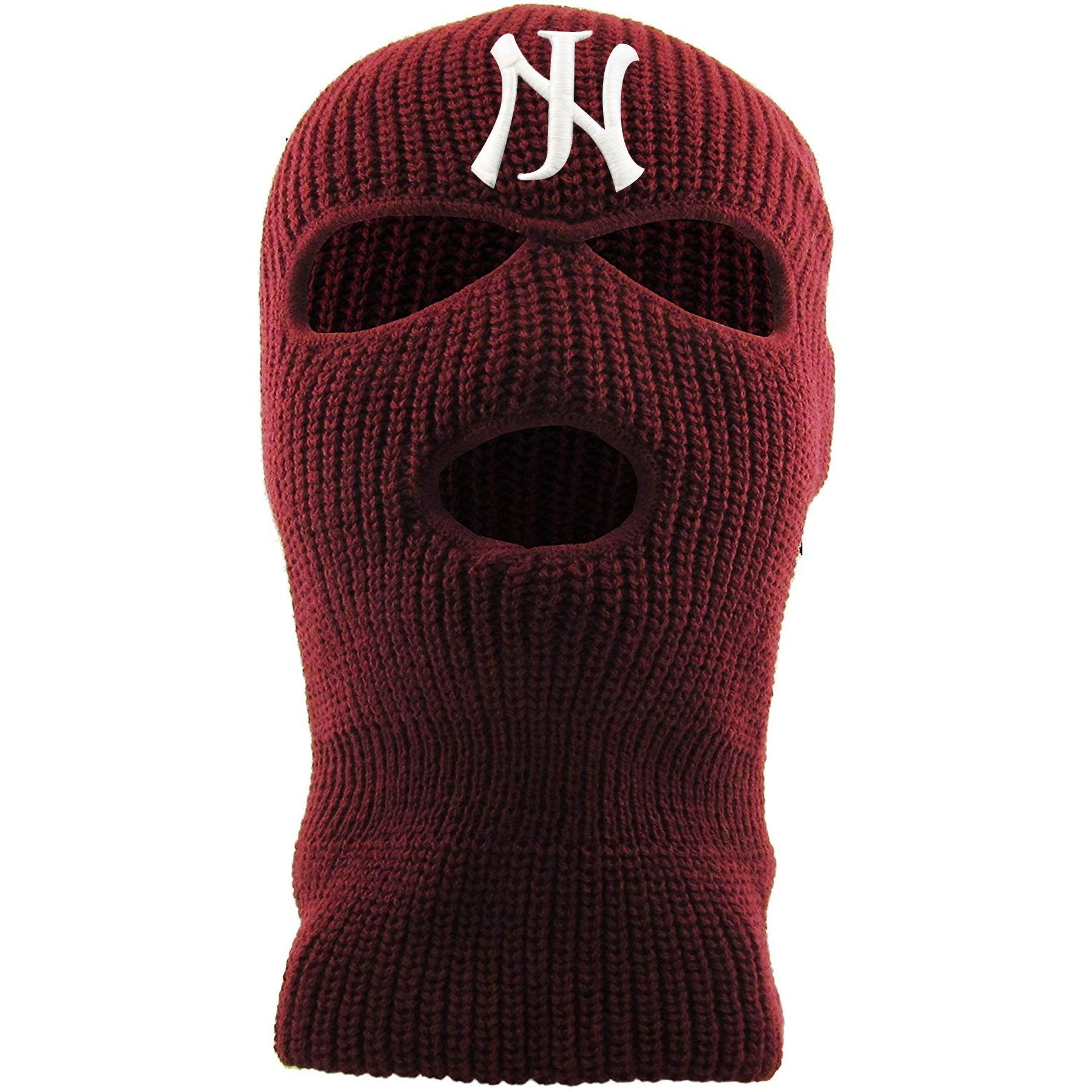Embroidered on the forehead of the maroon new jersey ski mask is the NJ logo