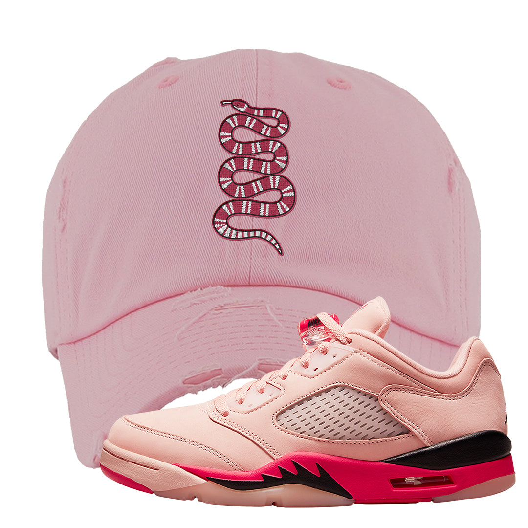 Arctic Pink Low 5s Distressed Dad Hat | Coiled Snake, Light Pink