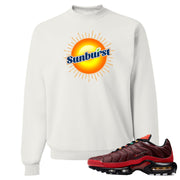 printed on the front of the air max plus sunburst sneaker matching white crewneck sweatshirt is the sunburst soda logo