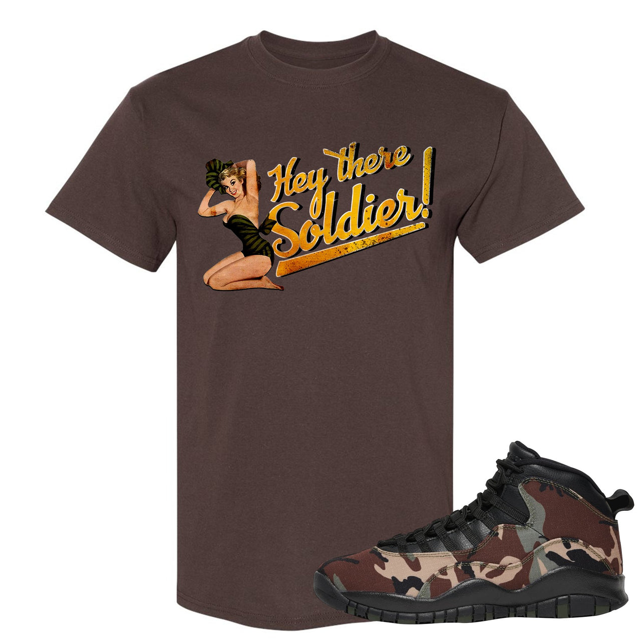 Woodland Camo 10s T Shirt | Hey There Soldier, Dark Chocolate