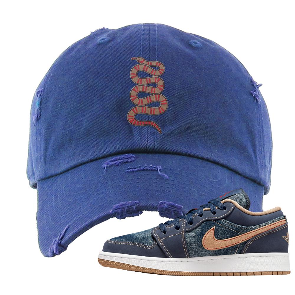 Denim Gum Bottom Low 1s Distressed Dad Hat | Coiled Snake, Navy