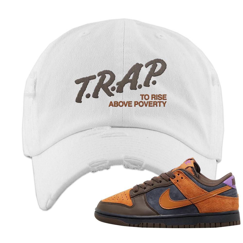 SB Dunk Low Cider Distressed Dad Hat | Trap To Rise Above Poverty, White