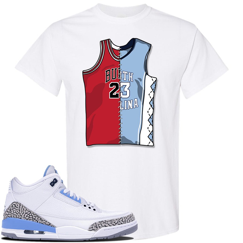 Jordan 3 UNC Sneaker White T Shirt | Tees to match Nike Air Jordan 3 UNC Shoes | Half UNC Half Bulls