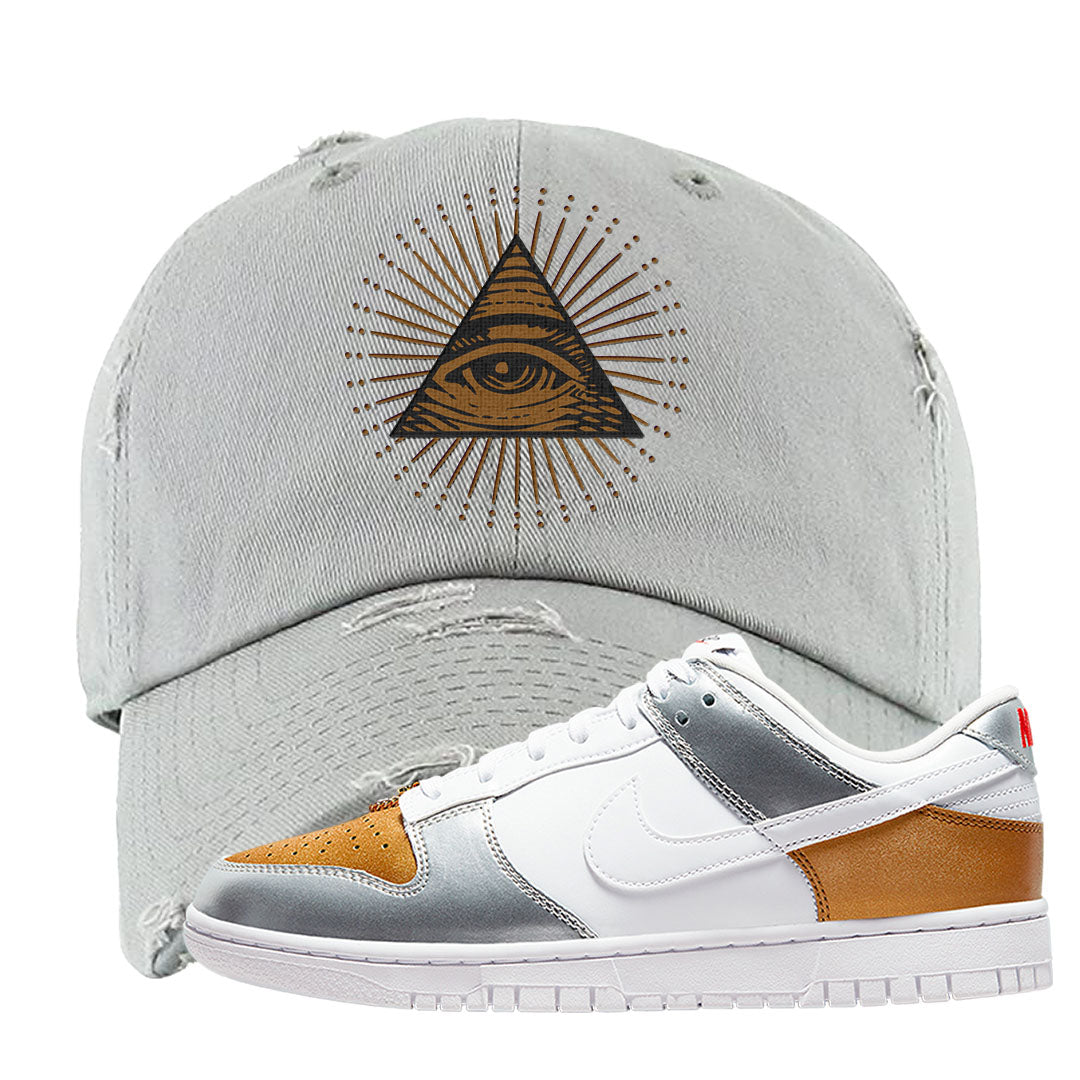 Gold Silver Red Low Dunks Distressed Dad Hat | All Seeing Eye, Light Gray
