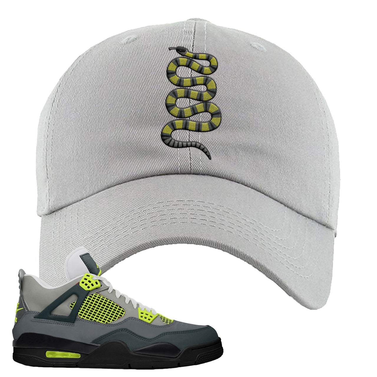 Jordan 4 Neon Sneaker Light Gray Dad Hat | Hat to match Nike Air Jordan 4 Neon Shoes | Coiled Snake
