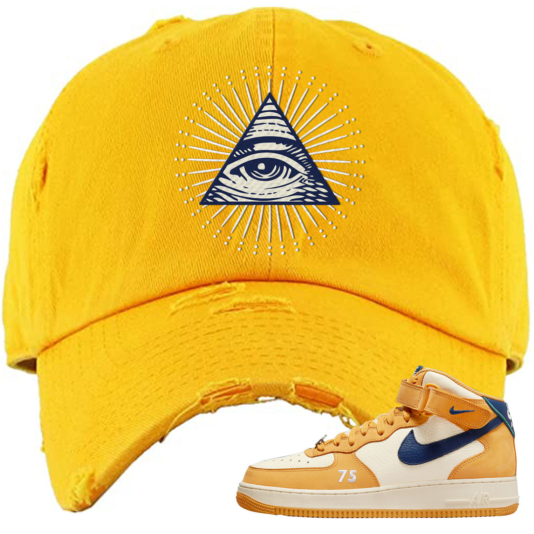 Pollen Paris Mid AF 1s Distressed Dad Hat | All Seeing Eye, Gold