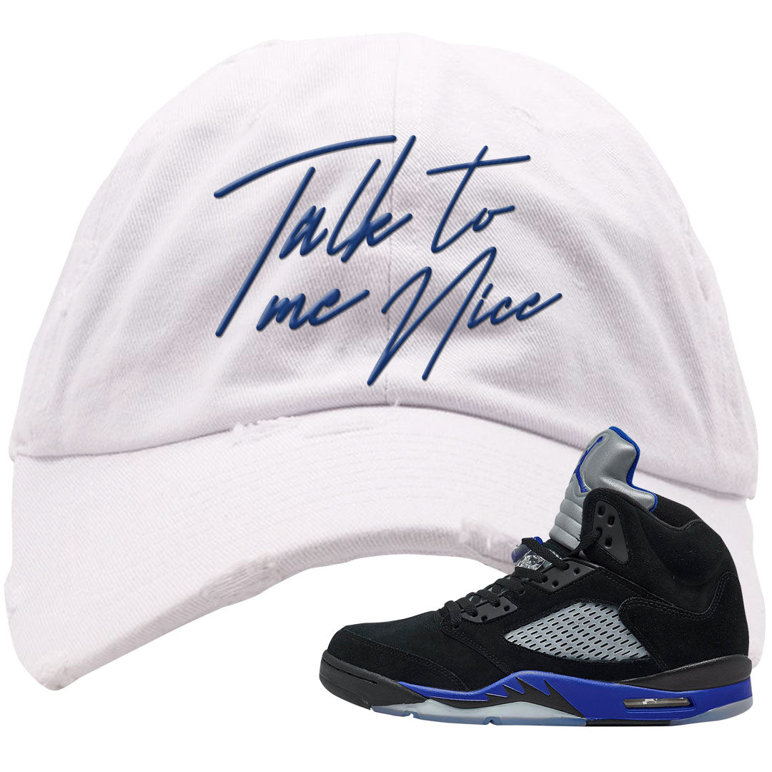 Racer Blue 5s Distressed Dad Hat | Talk To Me Nice, White