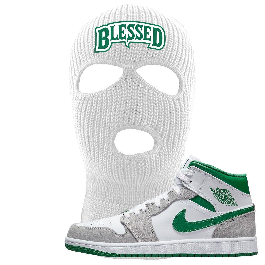 Light Smoke Pine Green Mid 1s Ski Mask | Blessed Arch, White