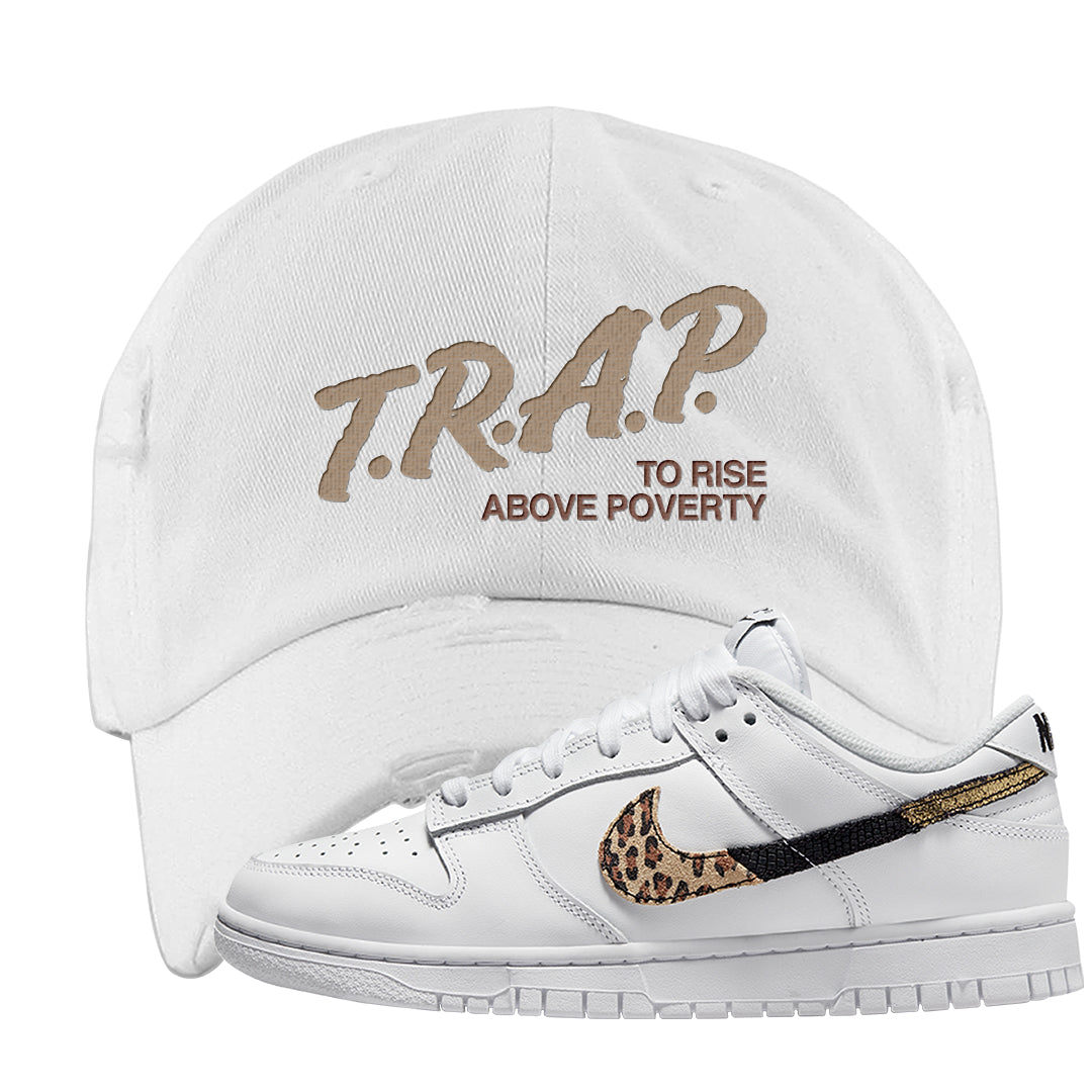 Primal White Leopard Low Dunks Distressed Dad Hat | Trap To Rise Above Poverty, White