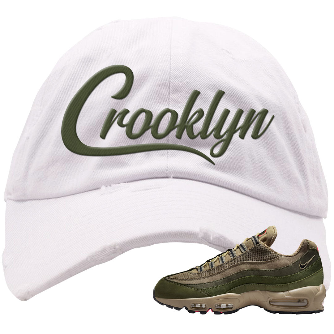 Medium Olive Rough Green 95s Distressed Dad Hat | Crooklyn, White
