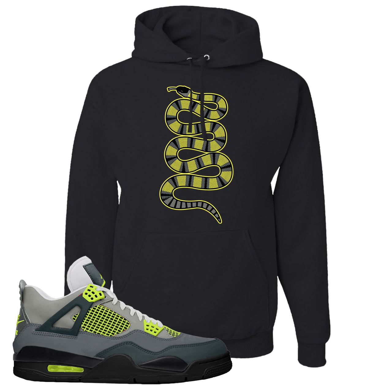 Jordan 4 Neon Sneaker Black Pullover Hoodie | Hoodie to match Nike Air Jordan 4 Neon Shoes | Coiled Snake