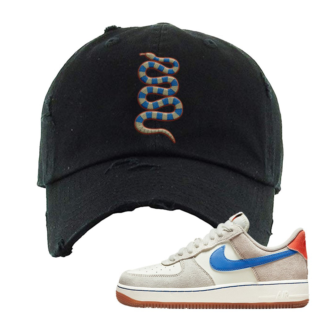 First Use Low 1s Suede Distressed Dad Hat | Coiled Snake, Black
