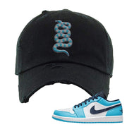 Air Jordan 1 Low UNC Distressed Dad Hat | Coiled Snake, Black