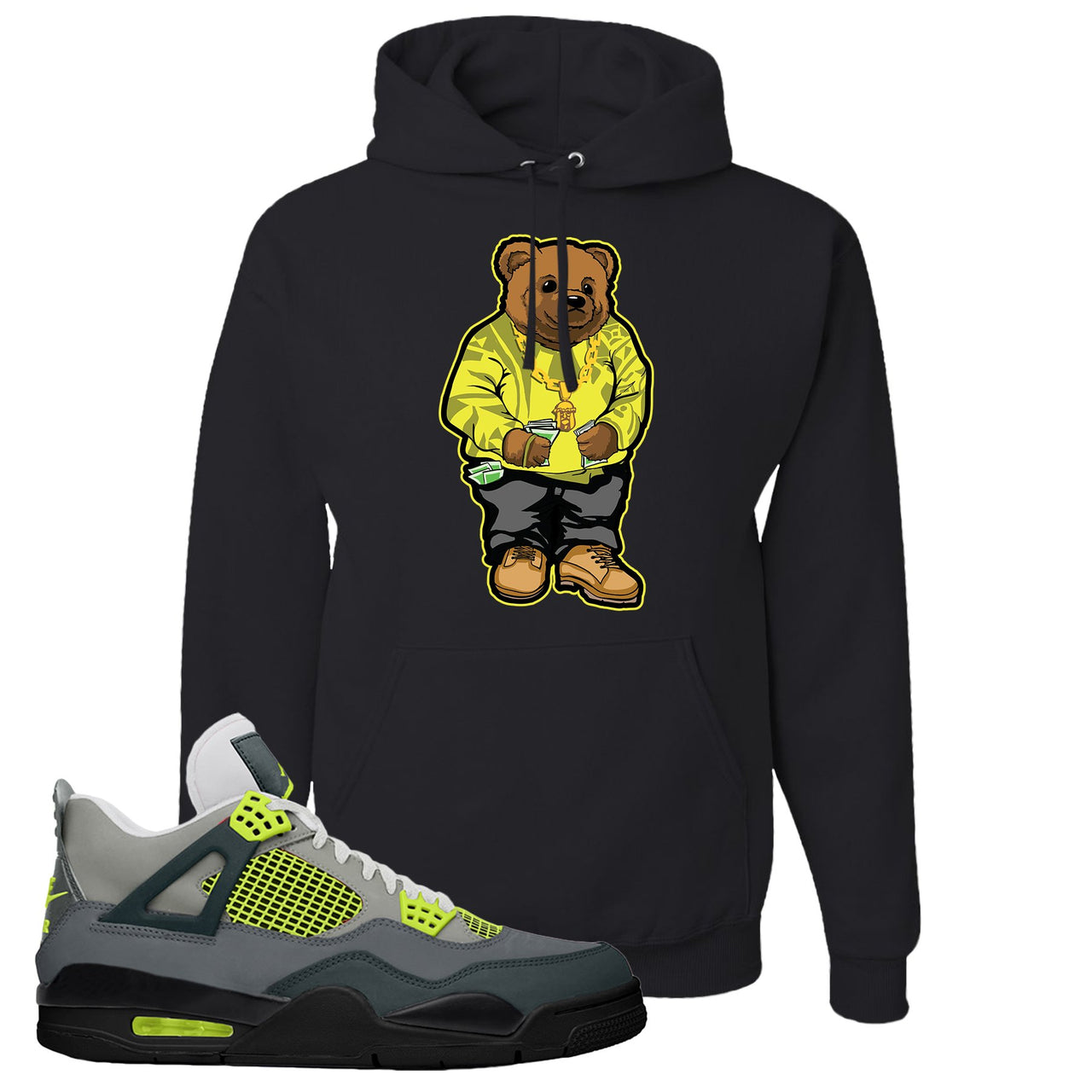 Jordan 4 Neon Sneaker Black Pullover Hoodie | Hoodie to match Nike Air Jordan 4 Neon Shoes | Sweater Bear