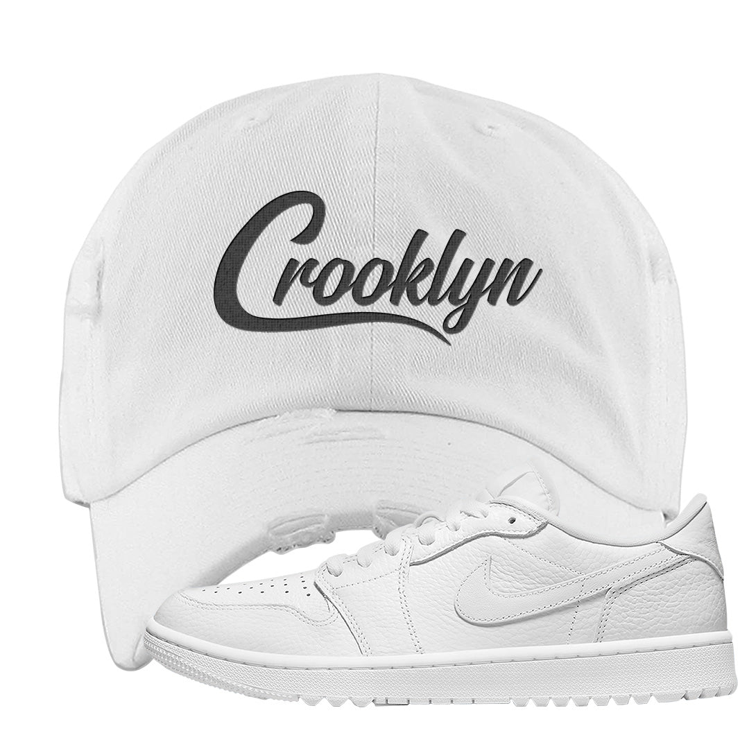 Triple White Golf Low 1s Distressed Dad Hat | Crooklyn, White