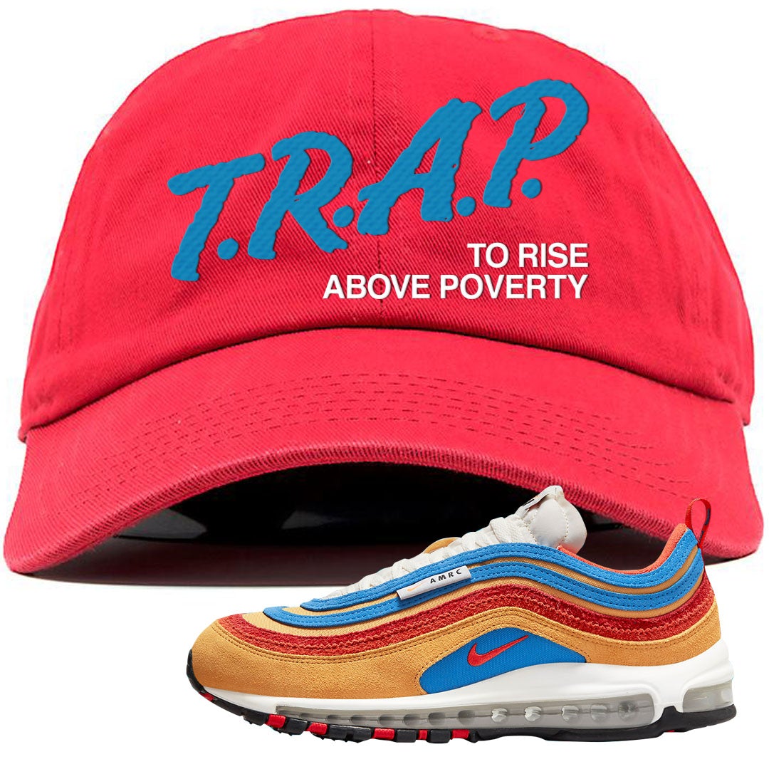 Tan AMRC 97s Dad Hat | Trap To Rise Above Poverty, Red