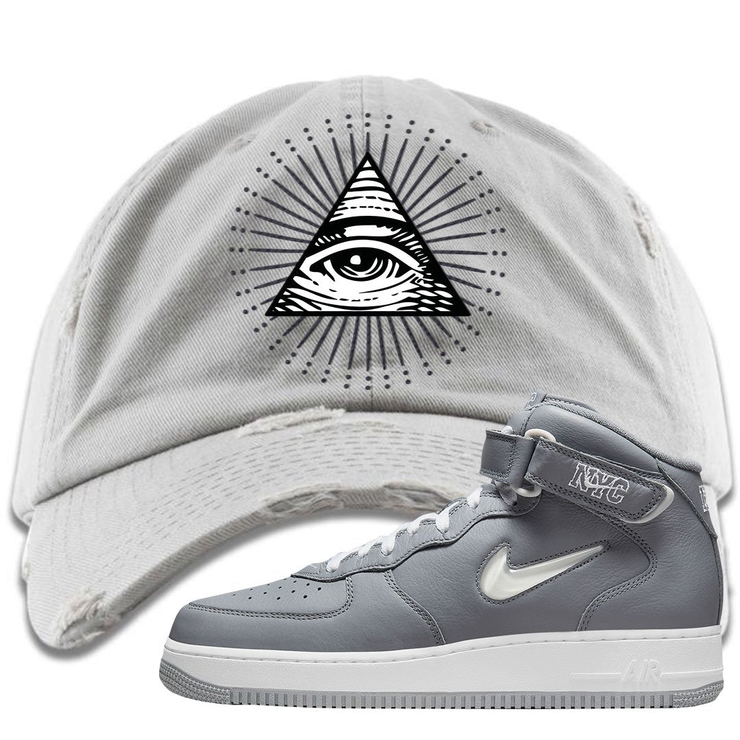 Cool Grey NYC Mid AF1s Distressed Dad Hat | All Seeing Eye, Light Gray