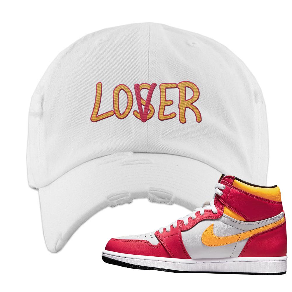 Air Jordan 1 Light Fusion Red Distressed Dad Hat | Lover, White