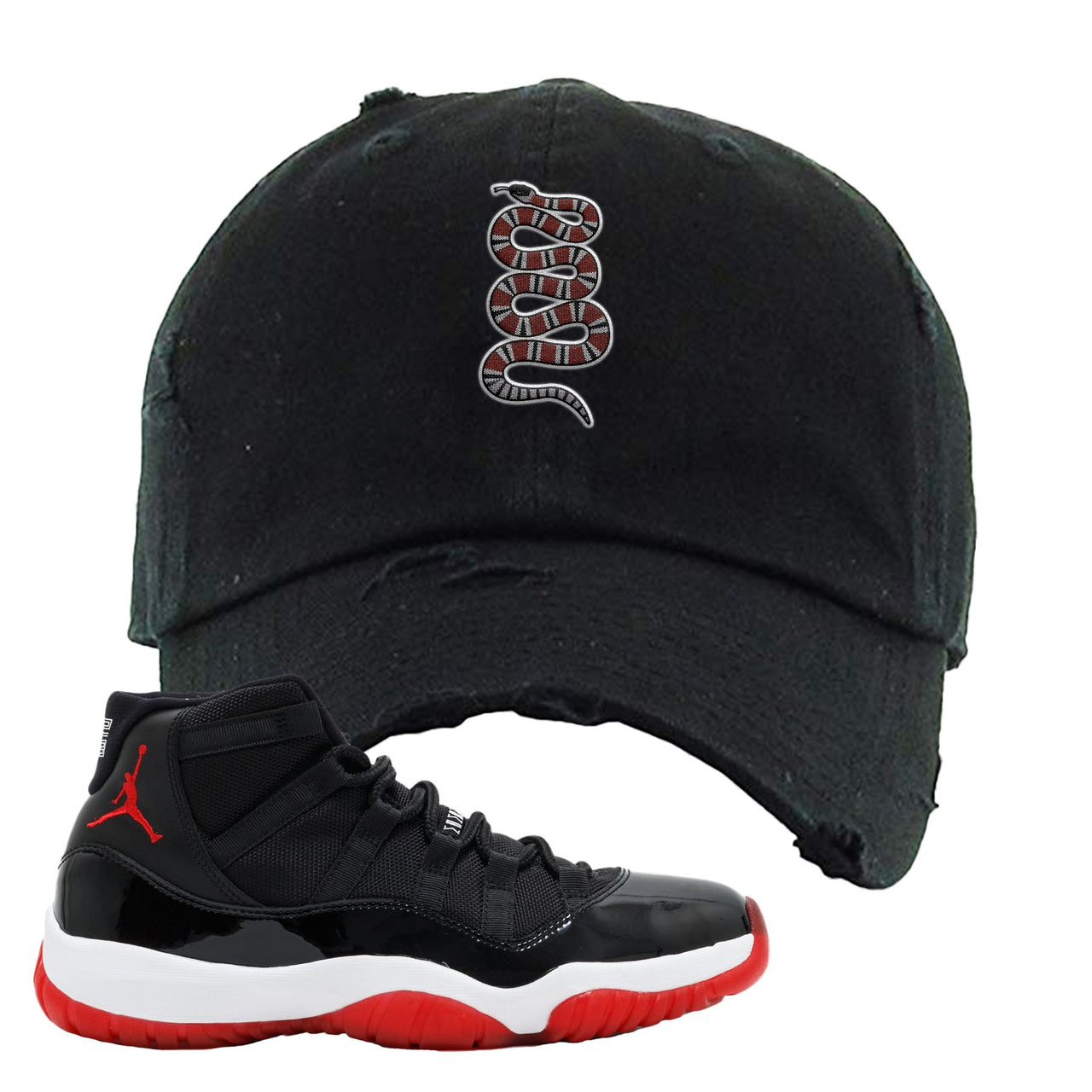 Jordan 11 Bred Coiled Snake Black Sneaker Hook Up Distressed Dad Hat