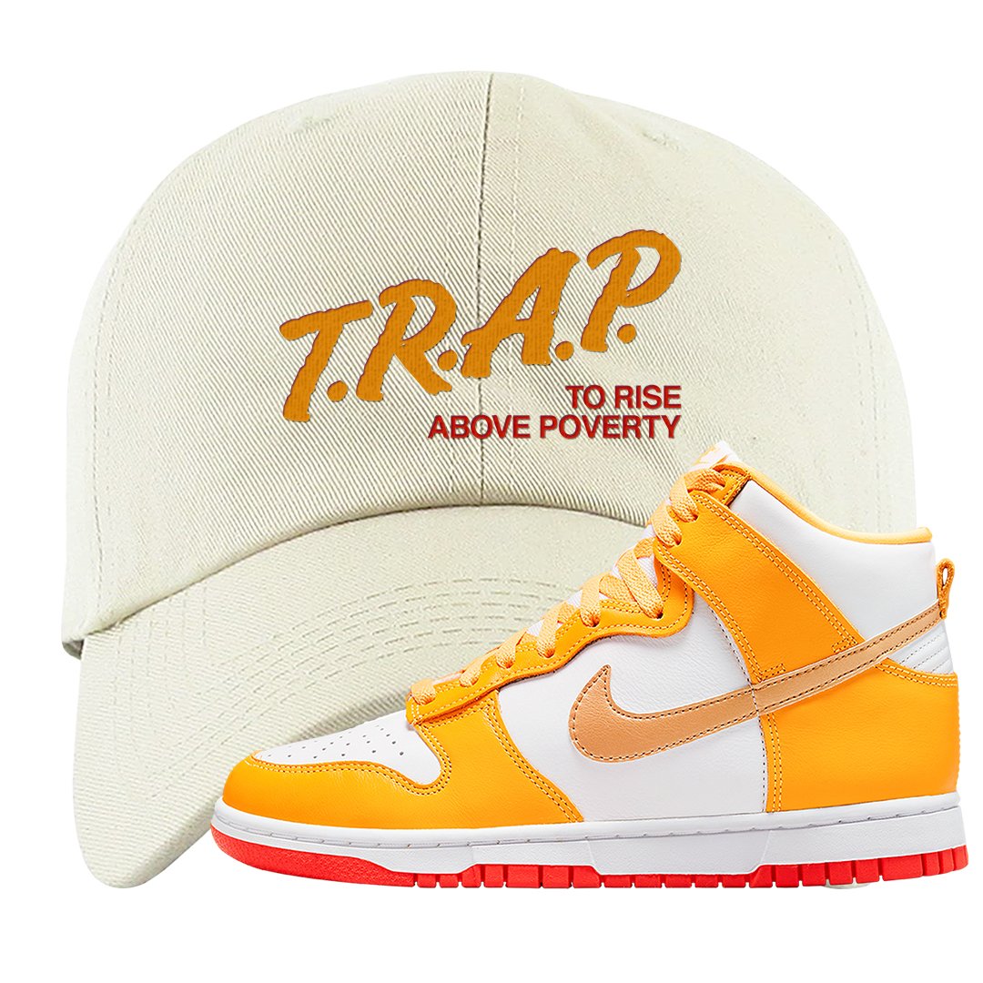 Yellow Gold Orange High Dunks Dad Hat | Trap To Rise Above Poverty, White