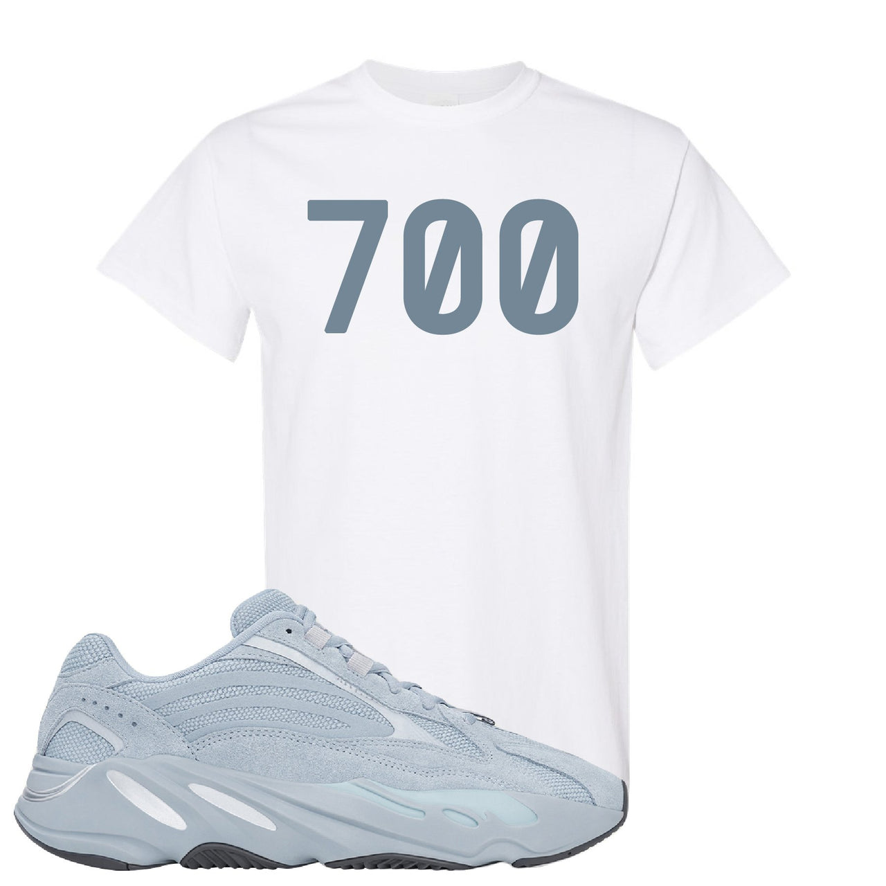 Yeezy Boost 700 V2 Hospital Blue 700 Sneaker Matching White T-Shirt