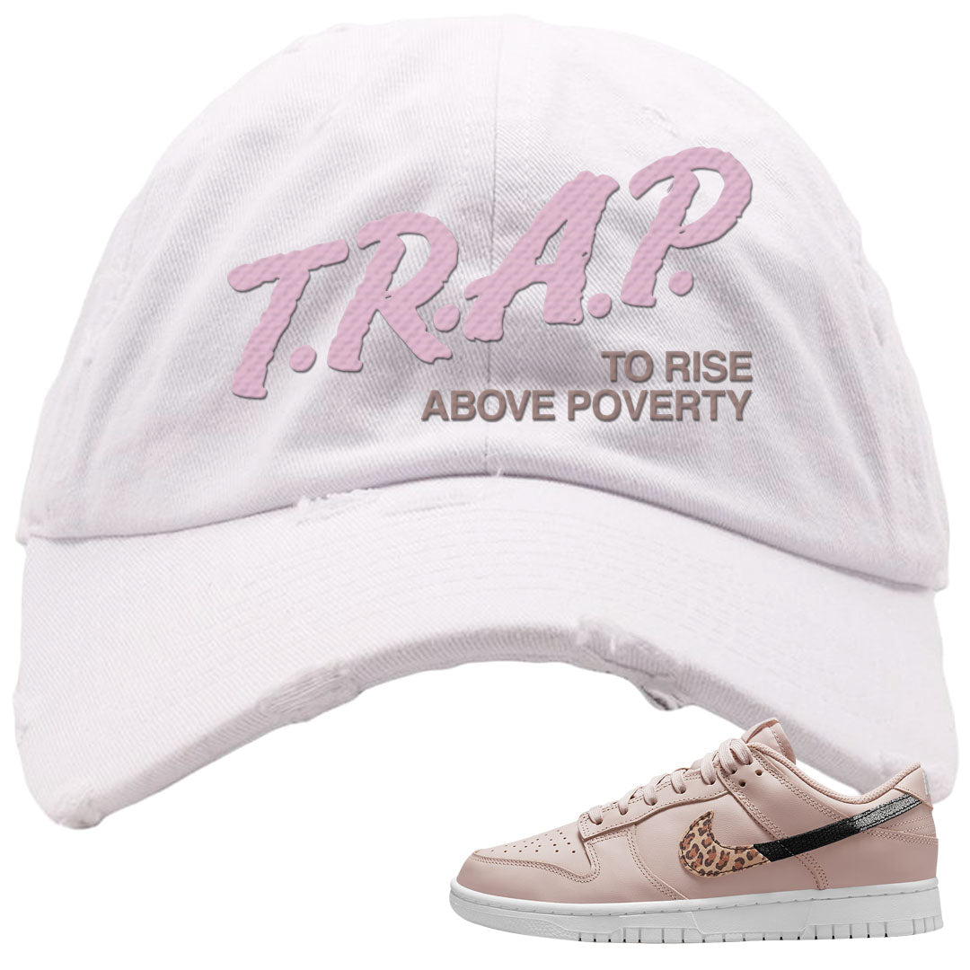 Primal Dusty Pink Leopard Low Dunks Distressed Dad Hat | Trap To Rise Above Poverty, White