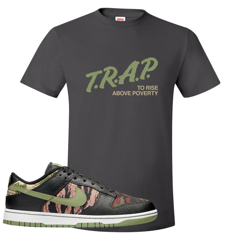Multi Camo Low Dunks T Shirt | Trap To Rise Above Poverty, Smoke Grey