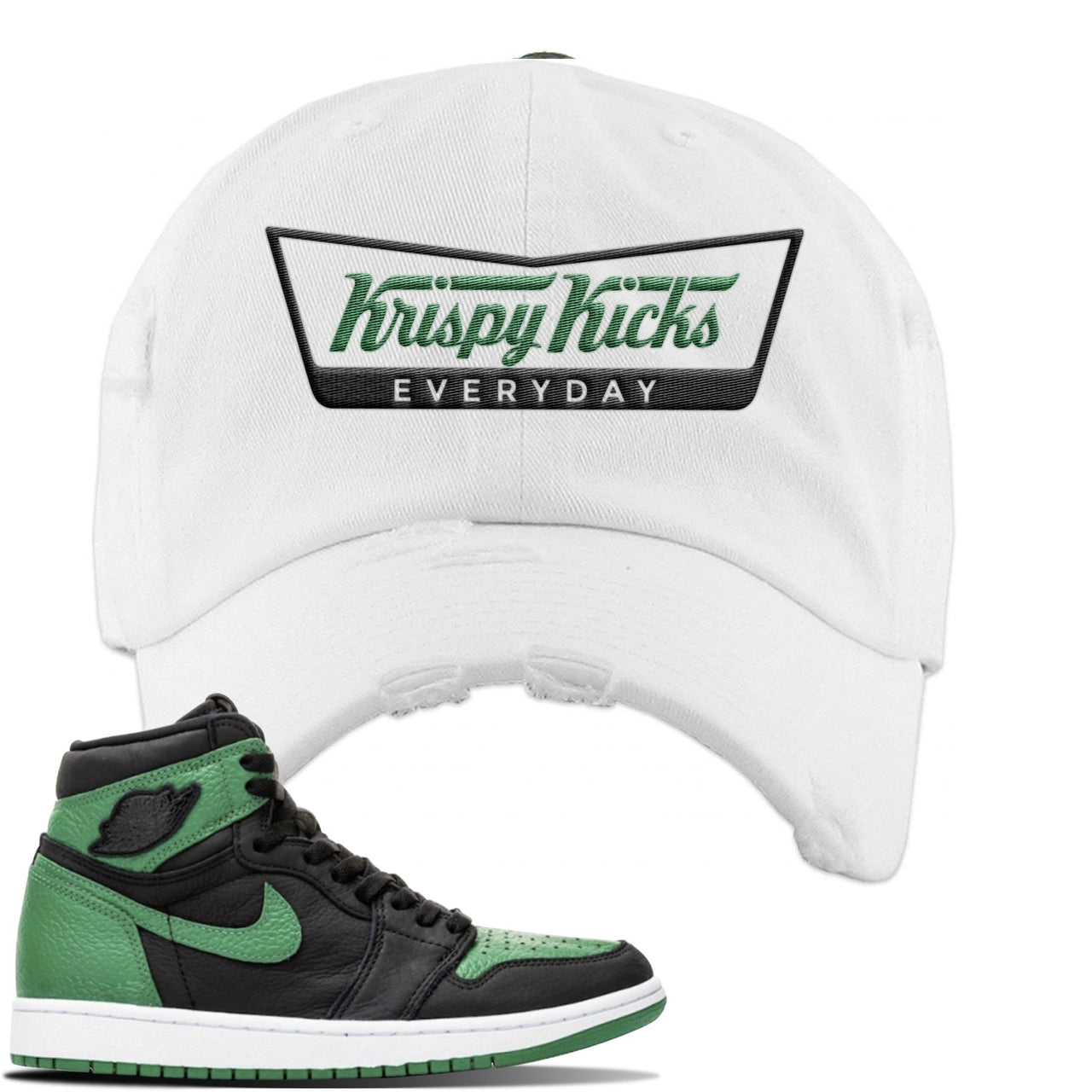 Jordan 1 Retro High OG Pine Green Gym Sneaker White Distressed Dad Hat | Hat to match Air Jordan 1 Retro High OG Pine Green Gym Shoes | Krispy Kicks