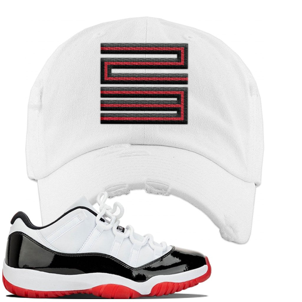 Jordan 11 Low White Black Red Sneaker White Distressed Dad Hat | Hat to match Nike Air Jordan 11 Low White Black Red Shoes | Jordan 11 23