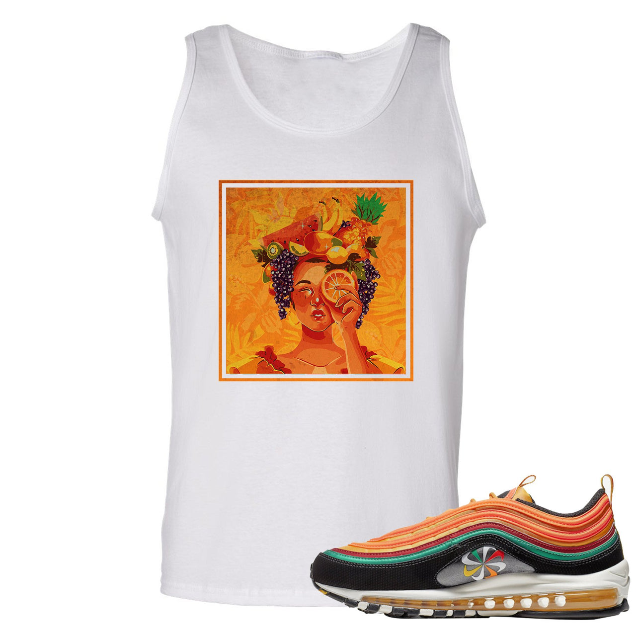Printed on the front of the Air Max 97 Sunburst white sneaker matching tank top is the Lady Fruit logo